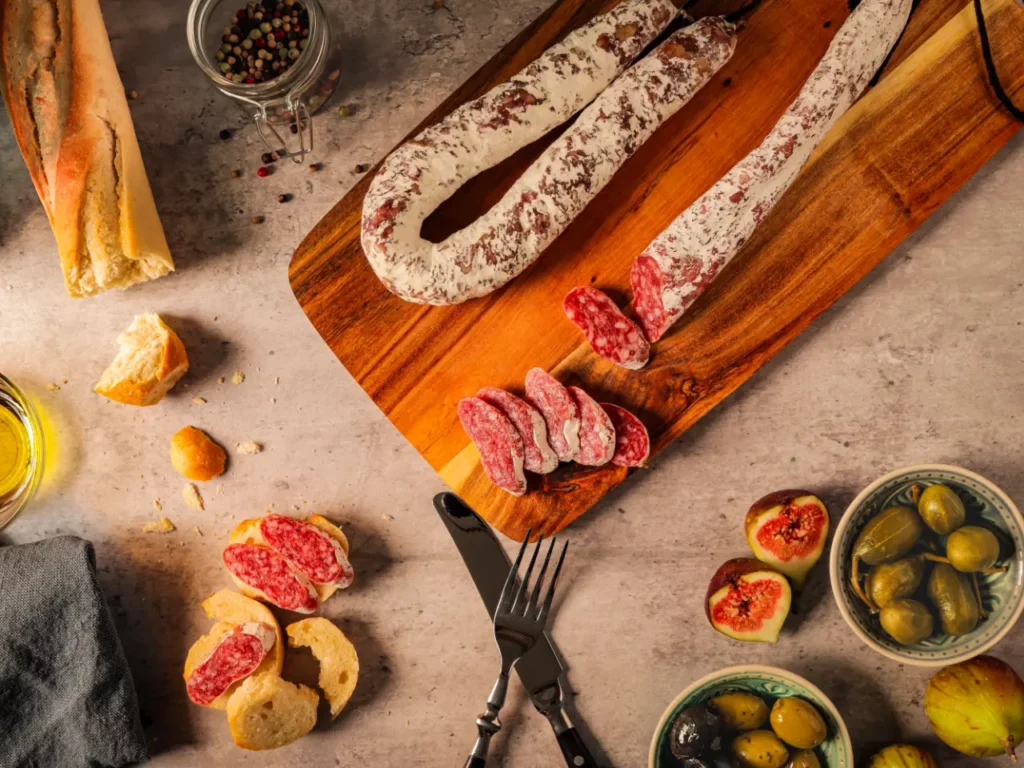 Salamit Platte auf dem steintisch mit oliven, kapern, feigen und weißbrot von food fotograf hannover.