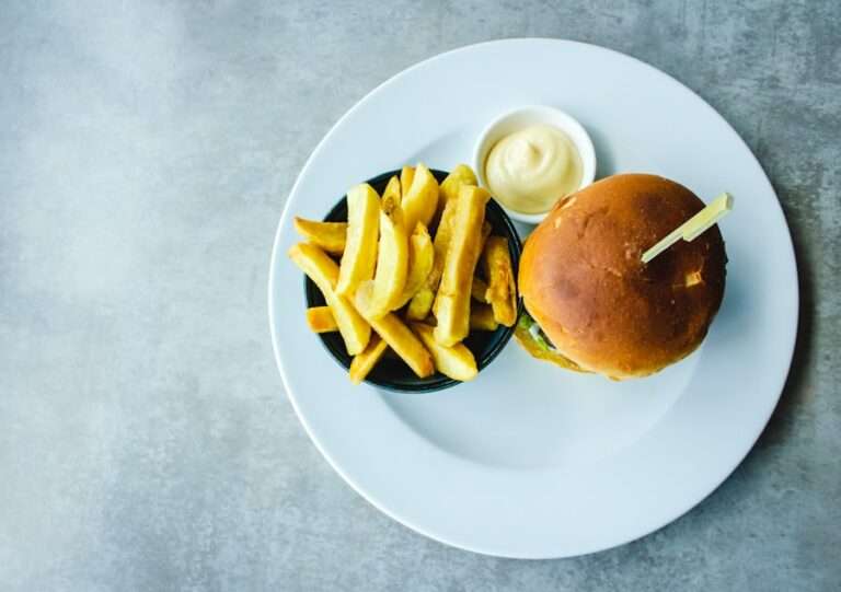 Food Fotograf Hannover - Draufsicht auf einen Teller mit einem Burger, einer kleinen Beilage aus Pommes Frites und einem kleinen Becher Dip-Sauce. Der Teller ist weiß und steht vor einem grauen Hintergrund. Der Burger liegt auf der rechten Seite des Tellers, Pommes Frites und Sauce auf der linken. Lecker Essen fotografieren.