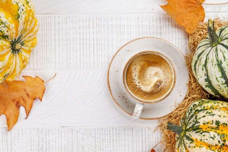 Food Fotograf Hannover - Eine Tasse Kaffee steht auf einer Untertasse auf einer weißen Holzoberfläche, umgeben von kleinen Kürbissen mit grünen und gelben Markierungen, braunen Herbstblättern und Stroh. Diese Requisiten Food Fotografie-Szene fängt die gemütliche Stimmung des Herbstes perfekt ein. Food Fotografie Hannover.