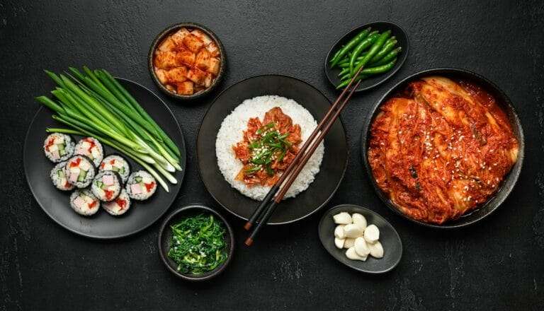 Food Fotograf Hannover - Ein Tisch mit koreanischen Gerichten: eine Schüssel Reis mit Fleisch und Frühlingszwiebeln, eine Platte mit Sushirollen, eine Schüssel Kimchi und kleine Schälchen mit grünen Bohnen, Knoblauch und Spinat auf dunklem Hintergrund. Essstäbchen ruhen elegant auf der Reisschüssel und fangen die Essenz der Food-Fotografie ein. Food Fotografie Hannover.