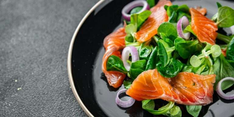 Food Fotograf Hannover - Ein schwarzer Teller mit einem Salat aus geräucherten Lachsscheiben, grünen Blättern und roten Zwiebelringen auf einem dunklen strukturierten Hintergrund. Food Fotografie Hannover.